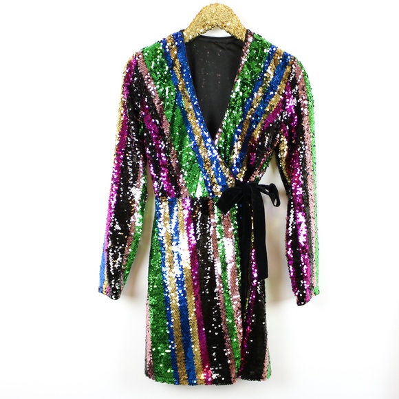 Colorful Rainbow Wrap Sequin Cocktail Dress - Picture 7 of 8